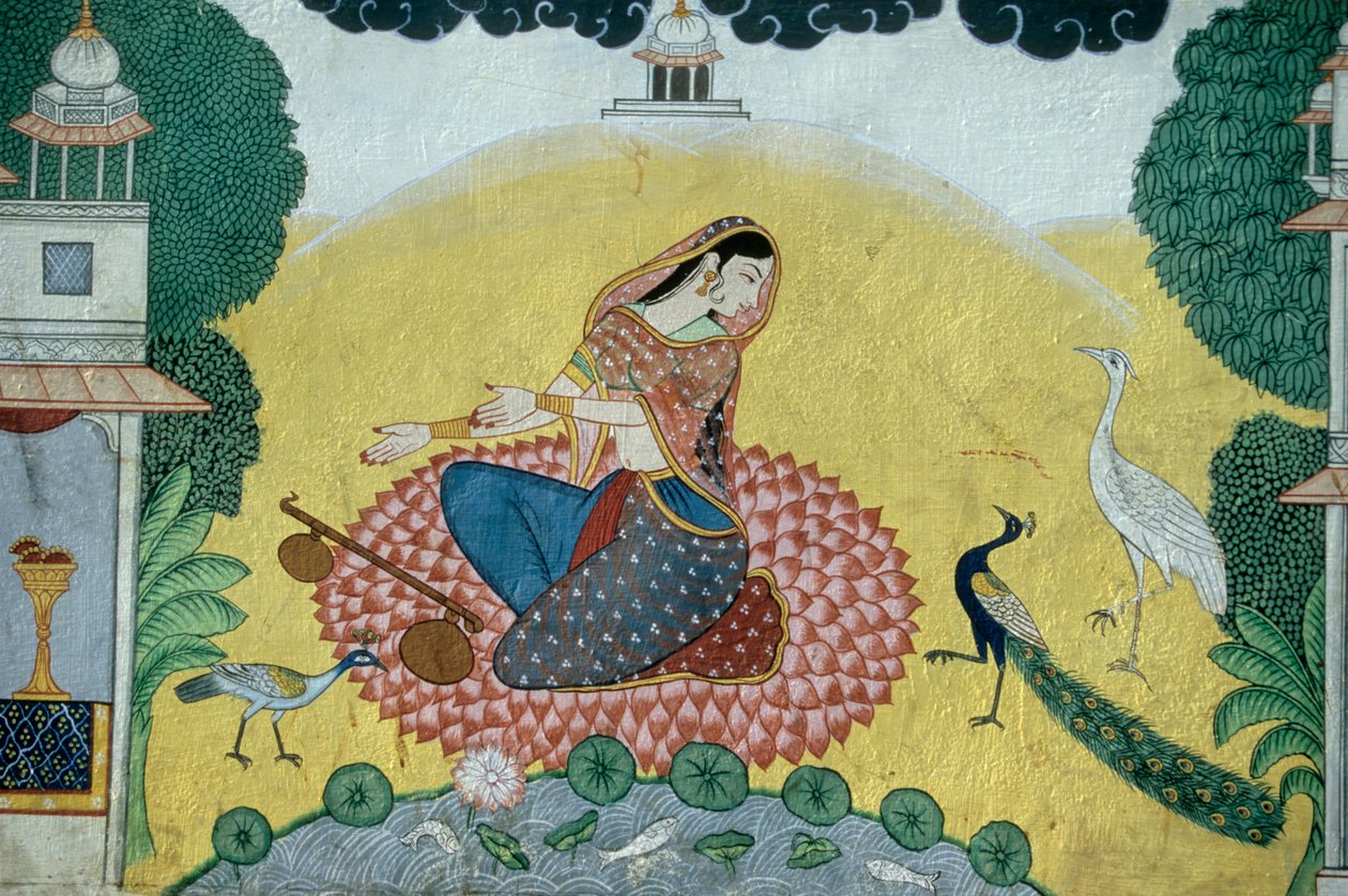Kvinna med Rudra Veena Miniatyrmålning, Indien av School Indian