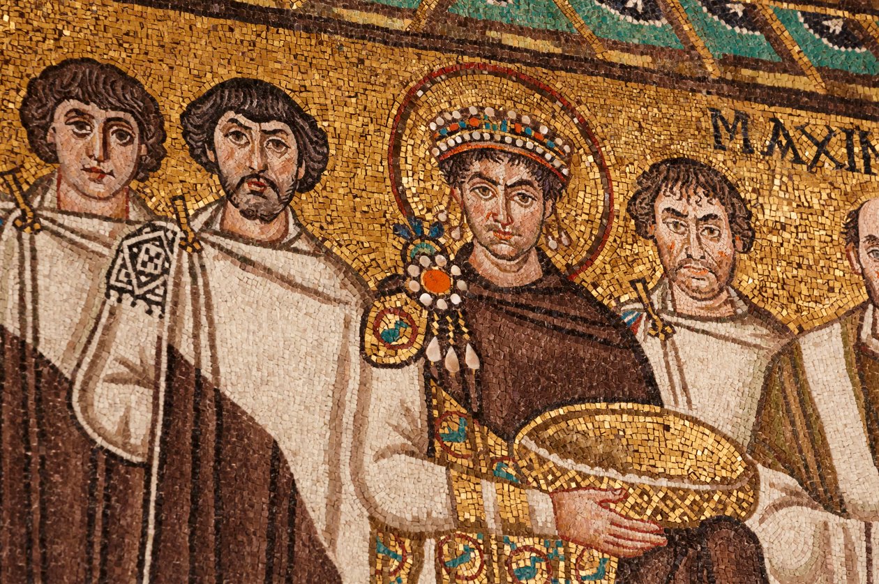 Kejsar Justinian I (mosaik) av School Italian