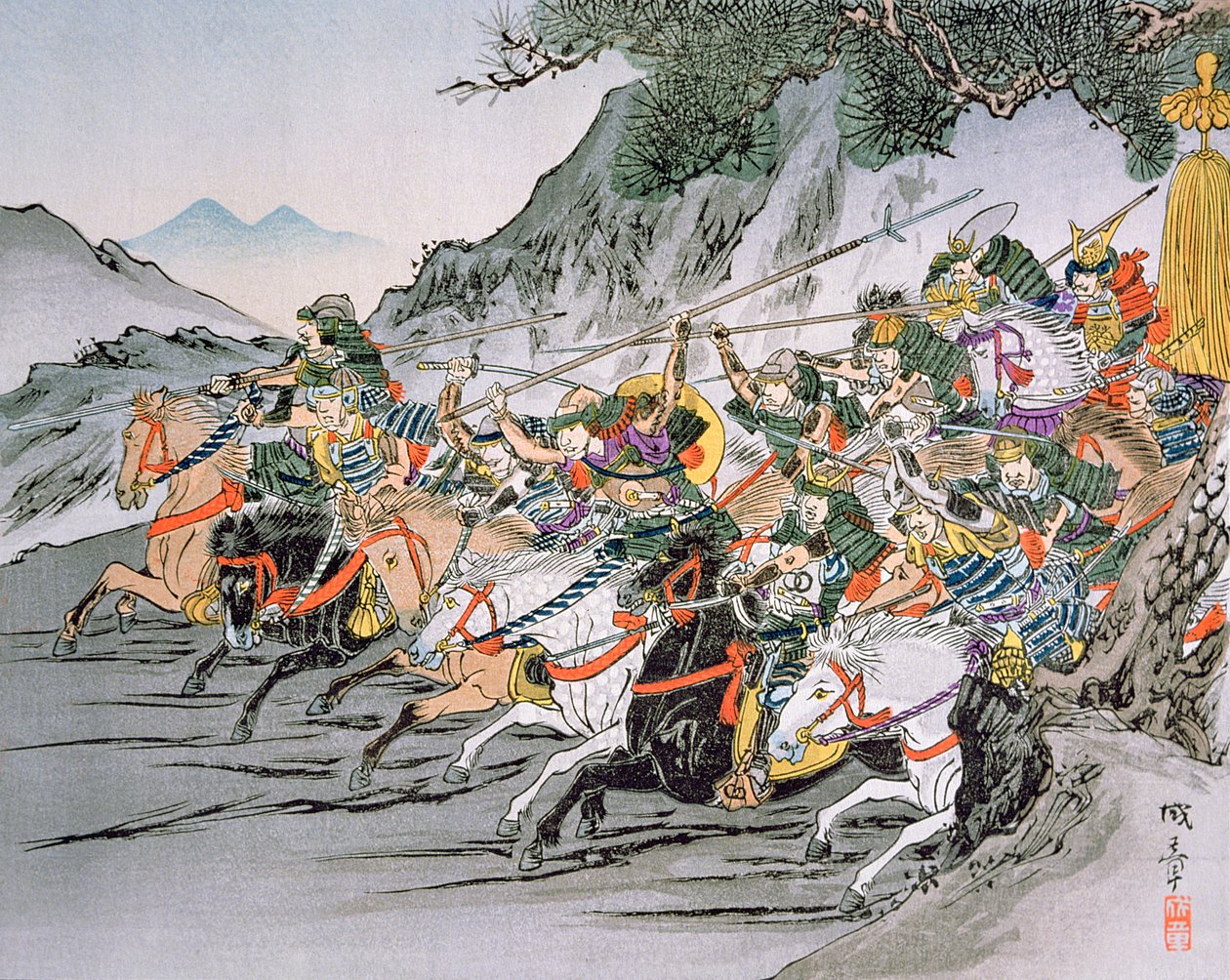 Slaget vid Shizugatake Pass 1583 (lito i färg) av School Japanese