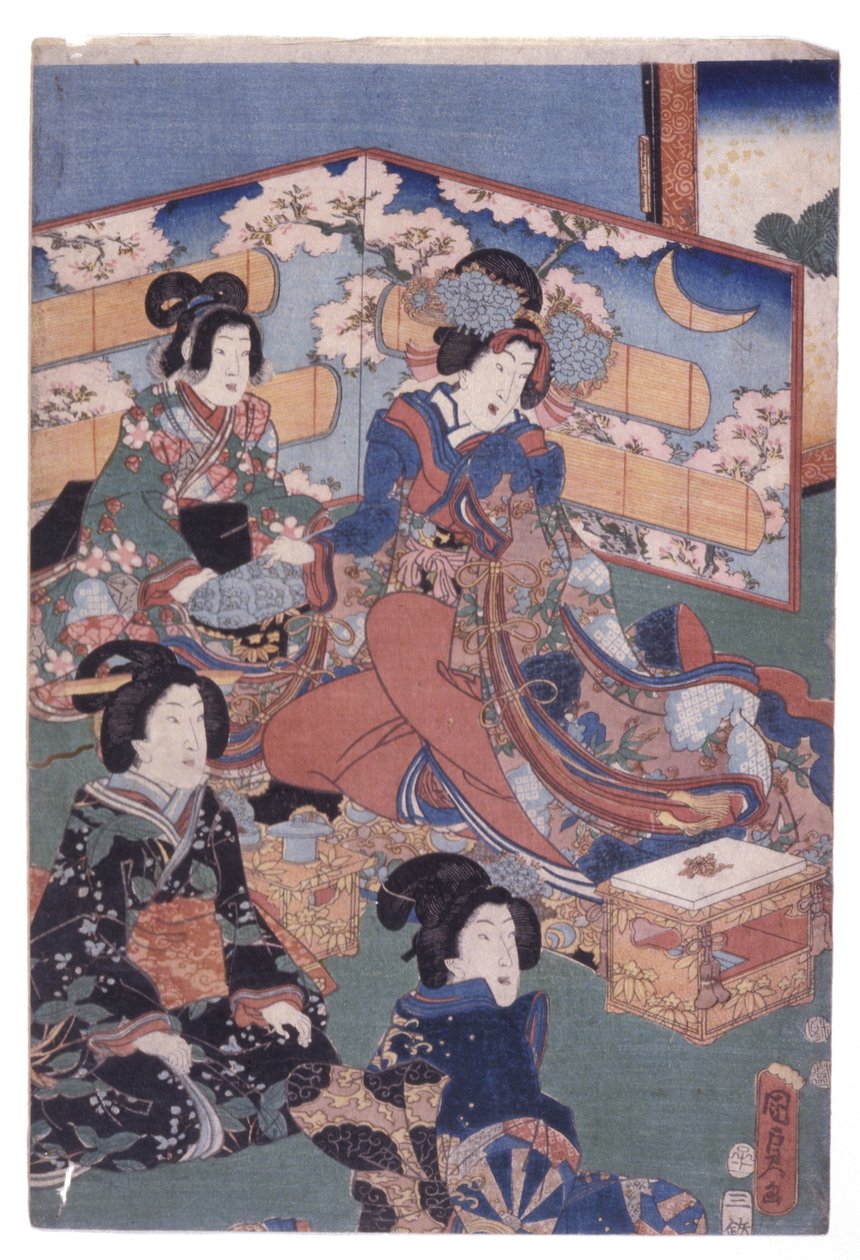 Lyxig interiörscen (resa) (träsnitt i färg) av School Japanese