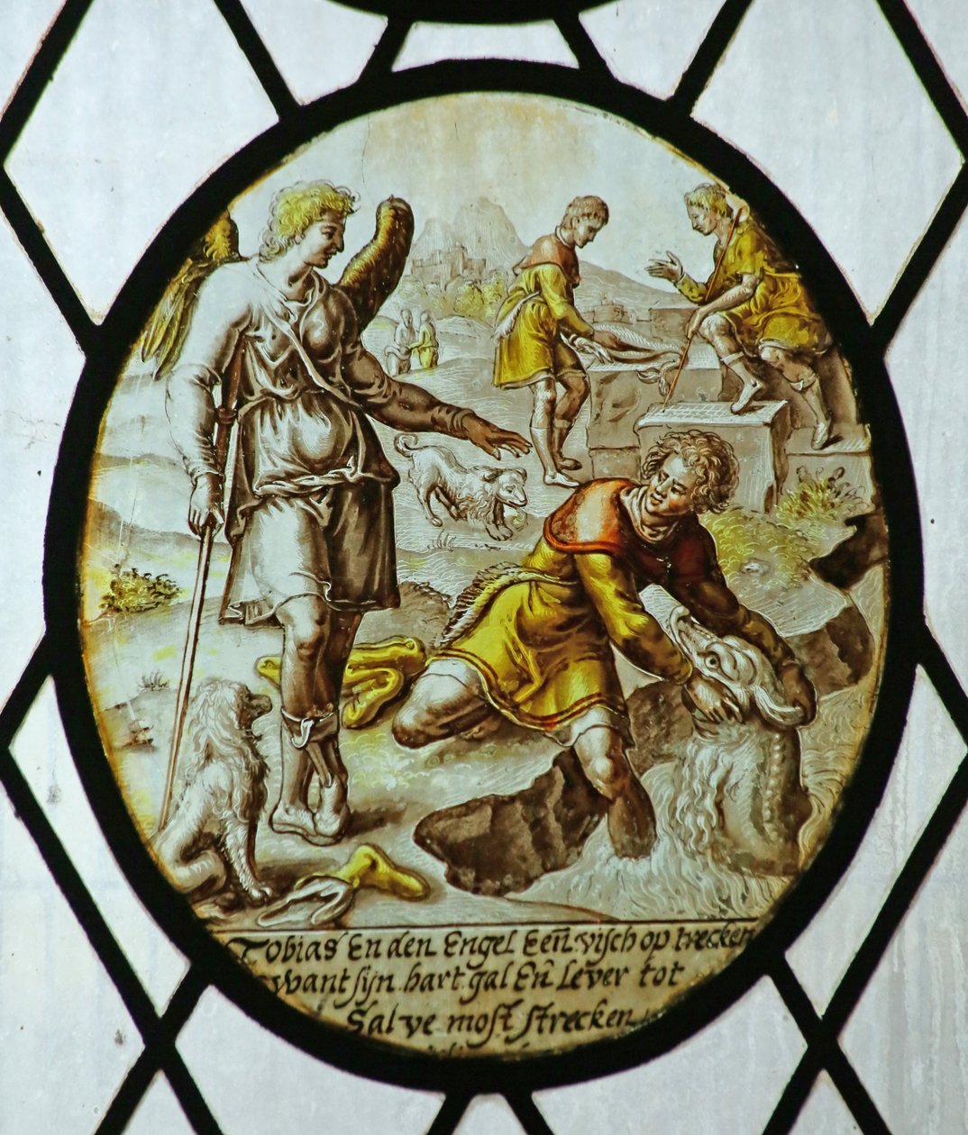 Roundel: Tobias fångar en fisk (målat glas) av School Netherlandish