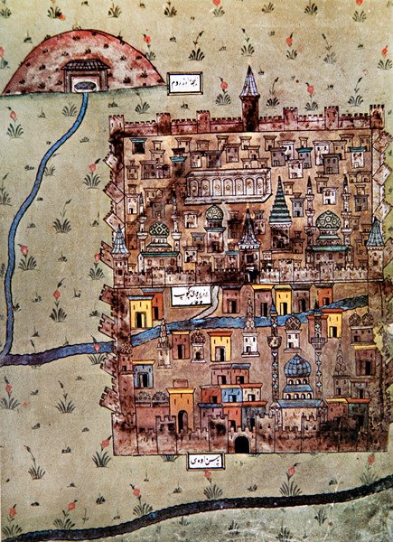 Karta över Erzerum, Turkiet ca 1600 (färg litho) av School Ottoman