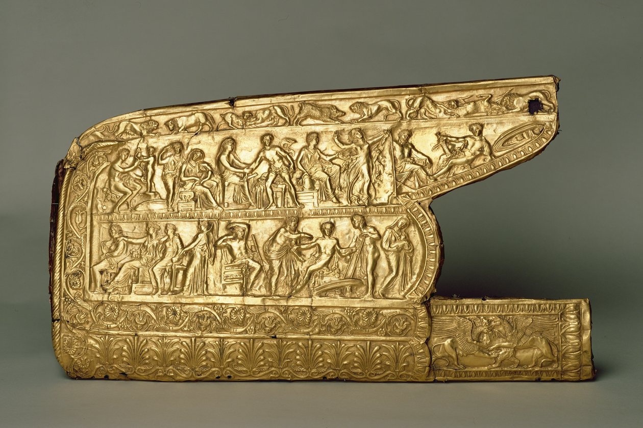 Quiver Passning för pil och båge, från Chertomlyk gravhög, Steppe, 400-talet f.Kr. (guld) av Scythian