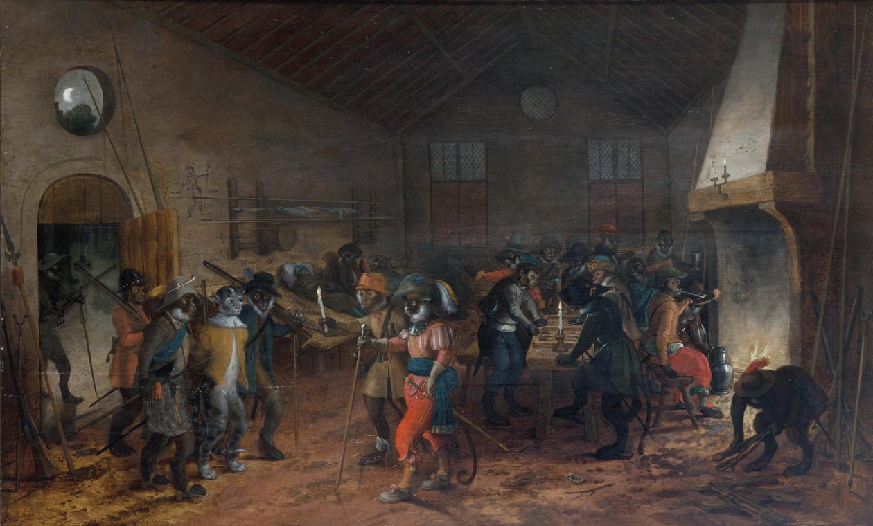 apenkortegaard met gevangen genomen kat Monkeys in uniform in a guardhouse arresting a cat, to the right, monkeys playing backgammon av Sebastian Vrancx