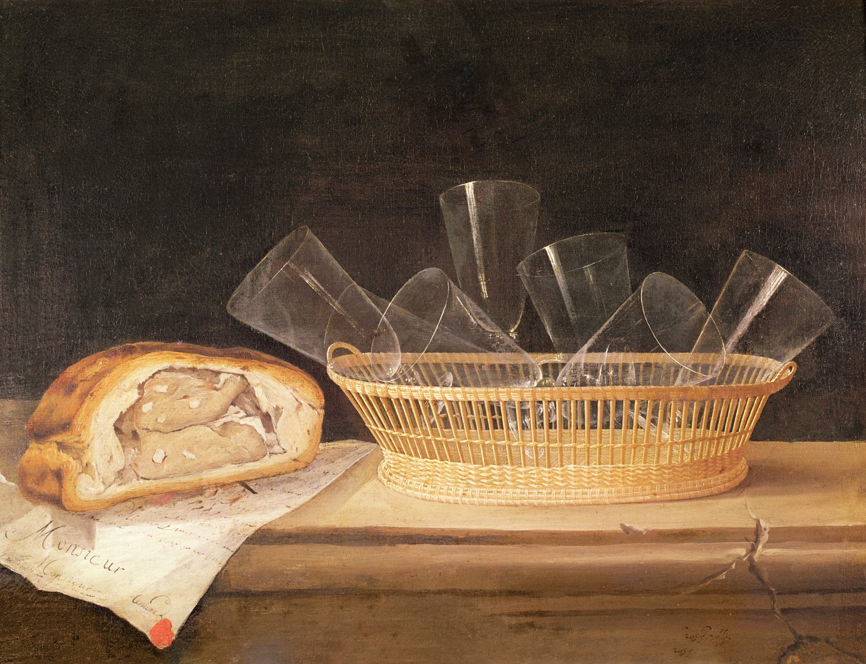 Glaskorg och köttpaj, före 1630 av Sebastian Stoskopff