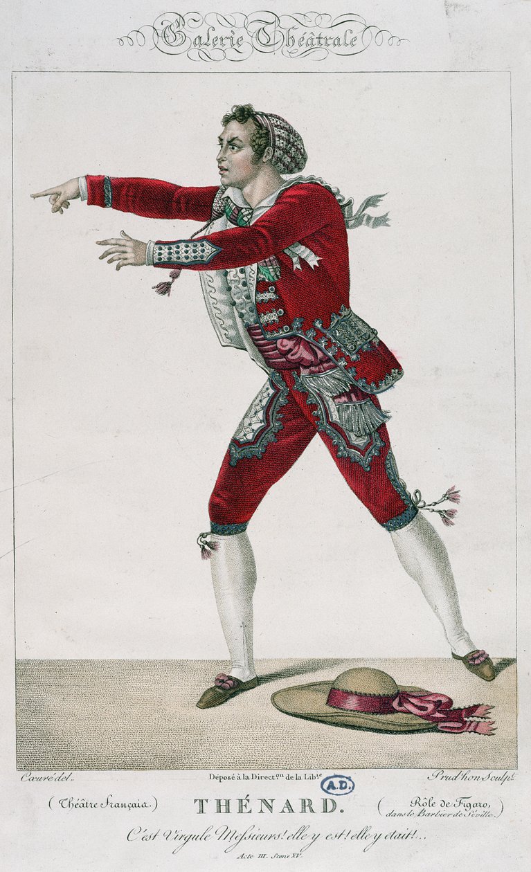 Skådespelaren Thenard i rollen som Figaro i "Barberaren i Sevilla" av Pierre Augustin Caron de Beaumarchais (1732-99) av Sebastien Coeure