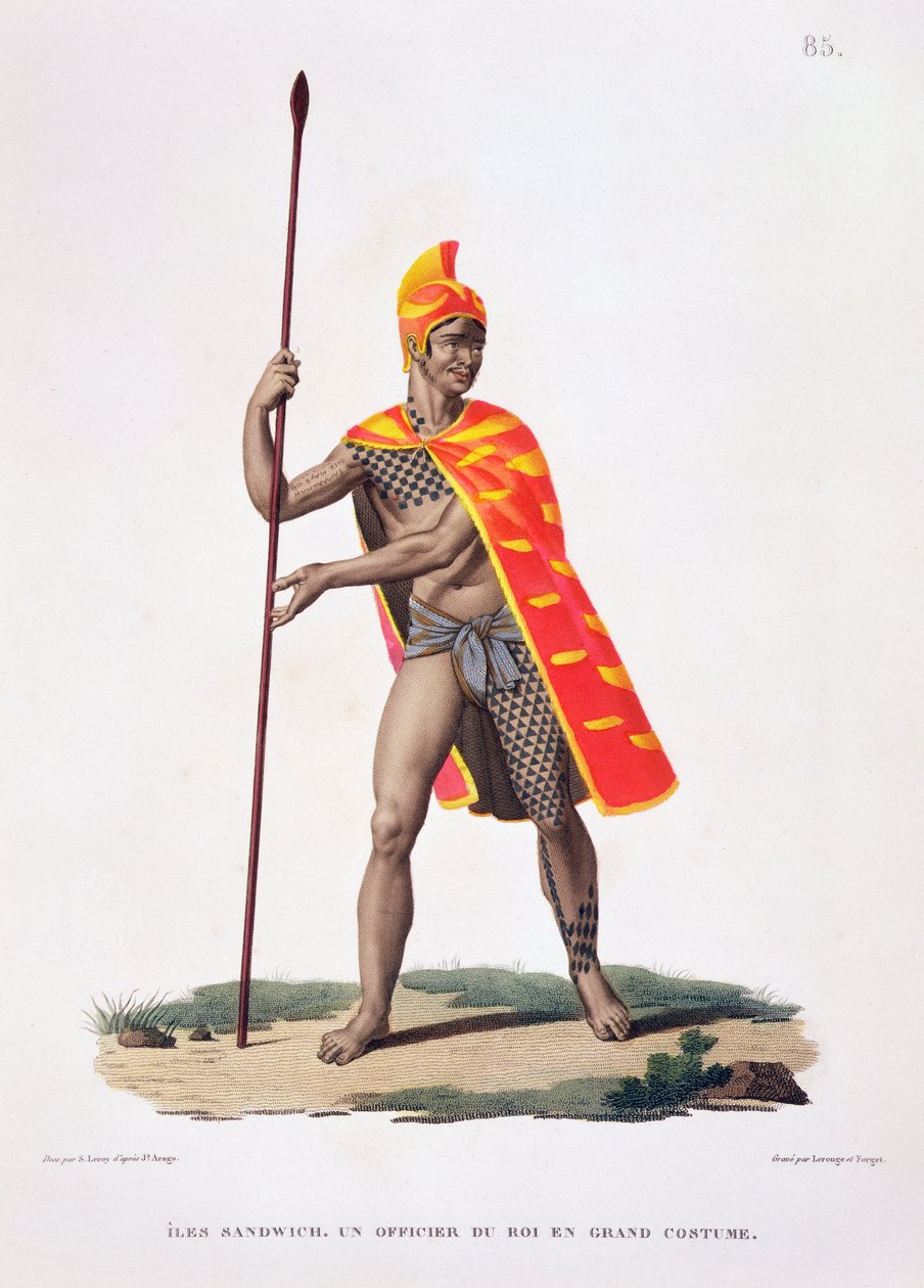 Sandwichöarna: An Office of the King in State Costume, från "Voyage autour du Monde (1817-20)", av Louis Claude De Saulces de Freycinet (1779-1842) graverad av Le Rouge and Forget, publicerad 1822-24 av Sebastien Leroy