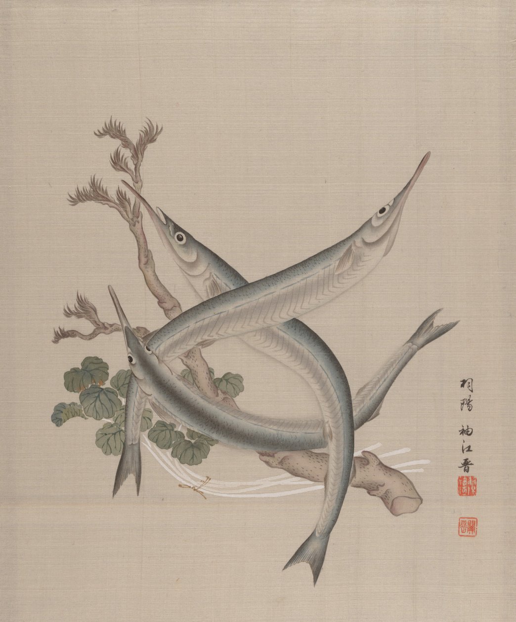 Tre fiskar och en gren, ca. 1890-92. av Seki Shuko