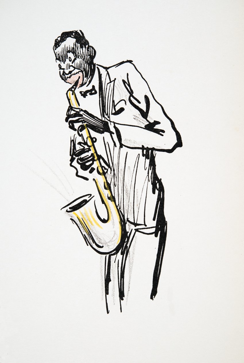 Saxofonspelare, från White Bottoms, pub. 1927 (färgblocktryck) av Sem
