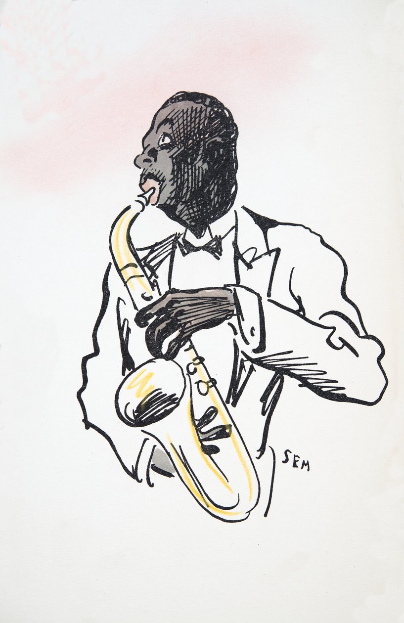 Saxofonspelare, från White Bottoms, pub. 1927 (färgblocktryck) av Sem