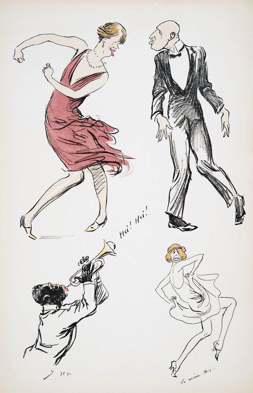 Två transvestiter och man i svart slips som dansar till en saxofon, från White Bottoms, pub. 1927 (färgblocktryck) av Sem