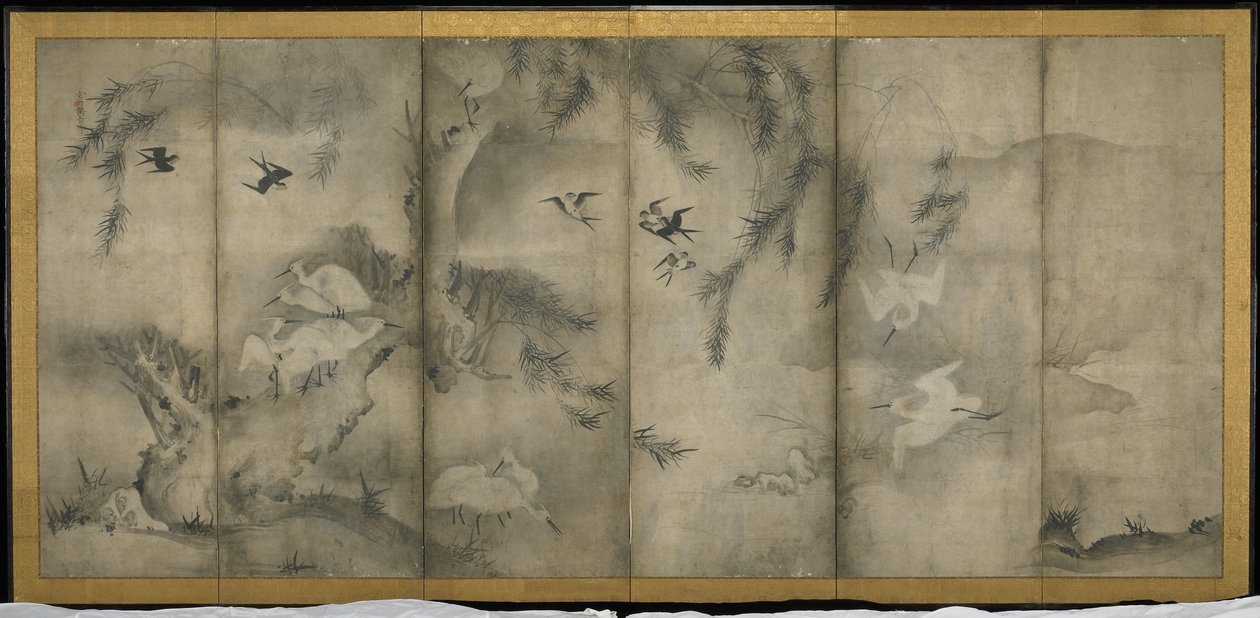 Willow, Egrets in Plum and Willow, sex paneler med vikbar duk (bläck på papper) av Sesson Shkei