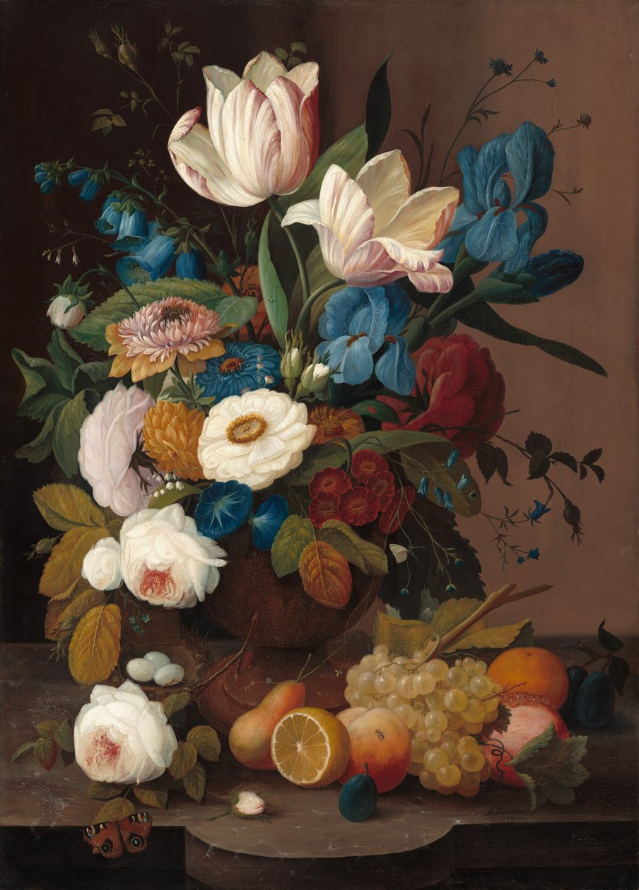 Stilleben, blommor och frukt av Severin Roesen