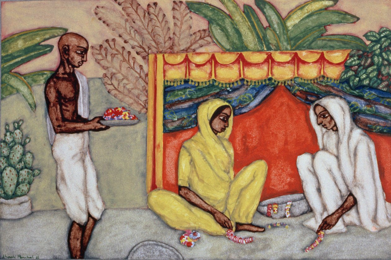 Garland Making, 1986 (wc på papper) av Shanti Panchal