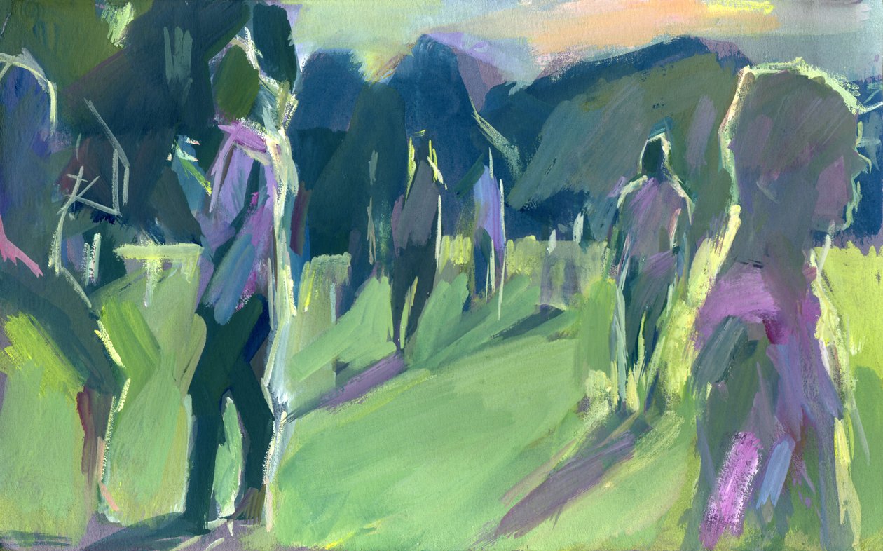 Park, kväll, 2024 (gouache på papper) av Shaun Carey