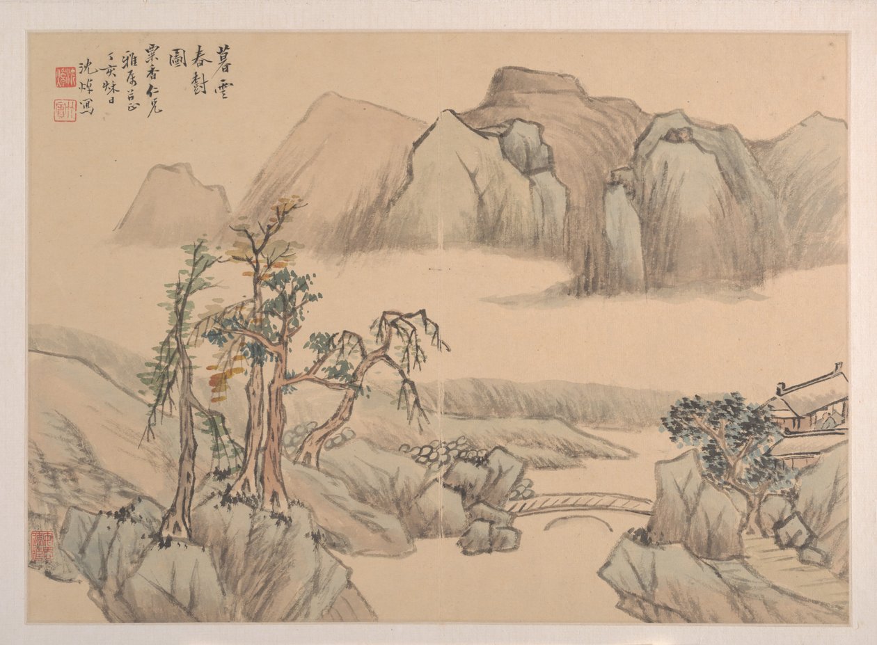 Landskap, daterad 1827. av Shen Zhuo