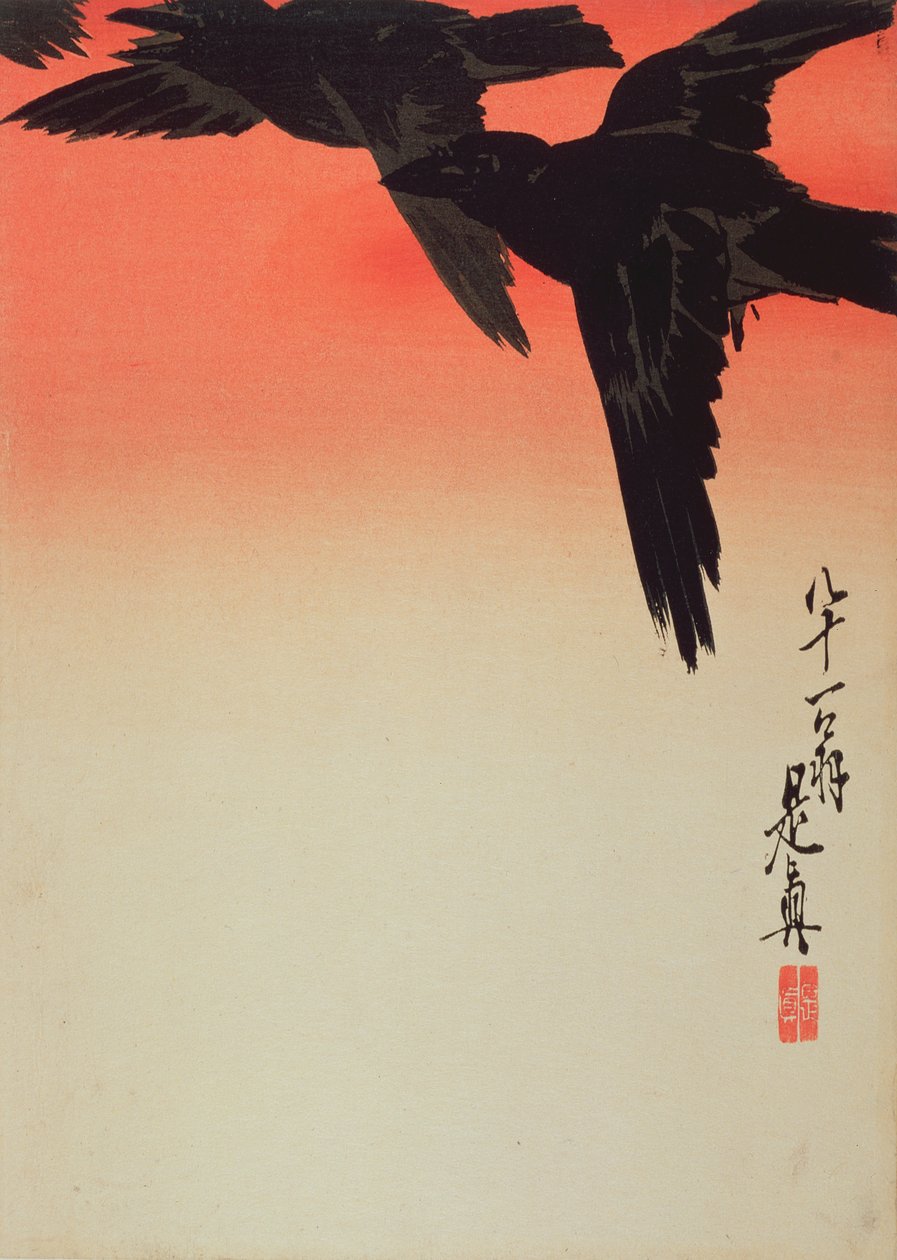 Crows in Flight at Sunrise, 1888 (träblock i färg) av Shibata Zeshin