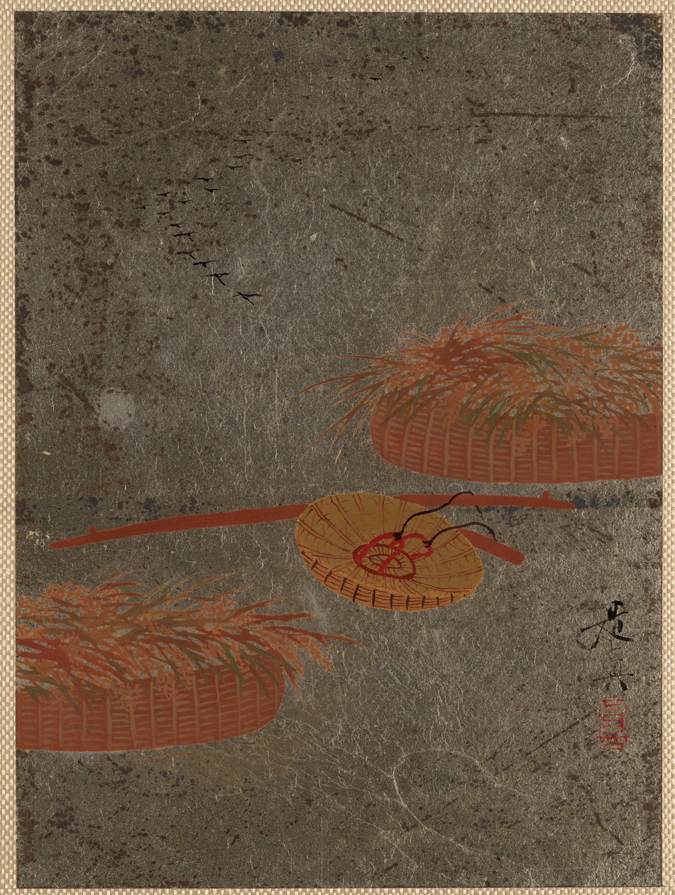 Blomkorgar och bondhatt, ca. 1880-talet. av Shibata Zeshin