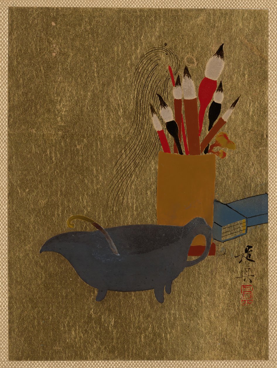 Vattenkokare och låda med penslar, 1882. av Shibata Zeshin