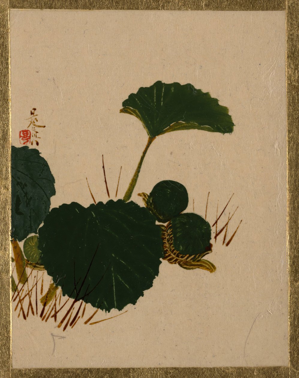 Mask på grönbladig växt. av Shibata Zeshin