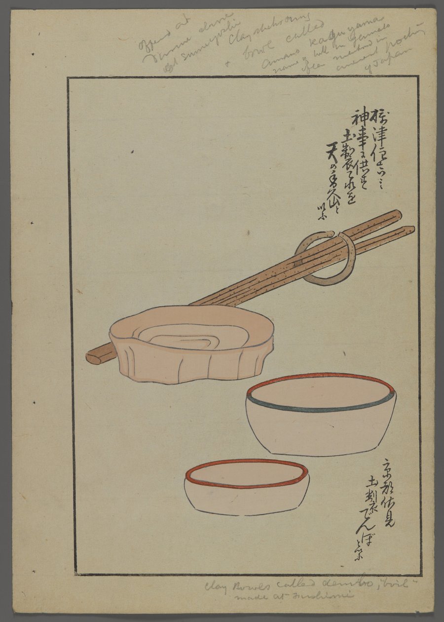 Japanska leksaker, från Unai no tomo (A Childs Friends) av Shimizu Seifu, 1891-1923. Skålar, ätpinnar. av Shimizu Seifu