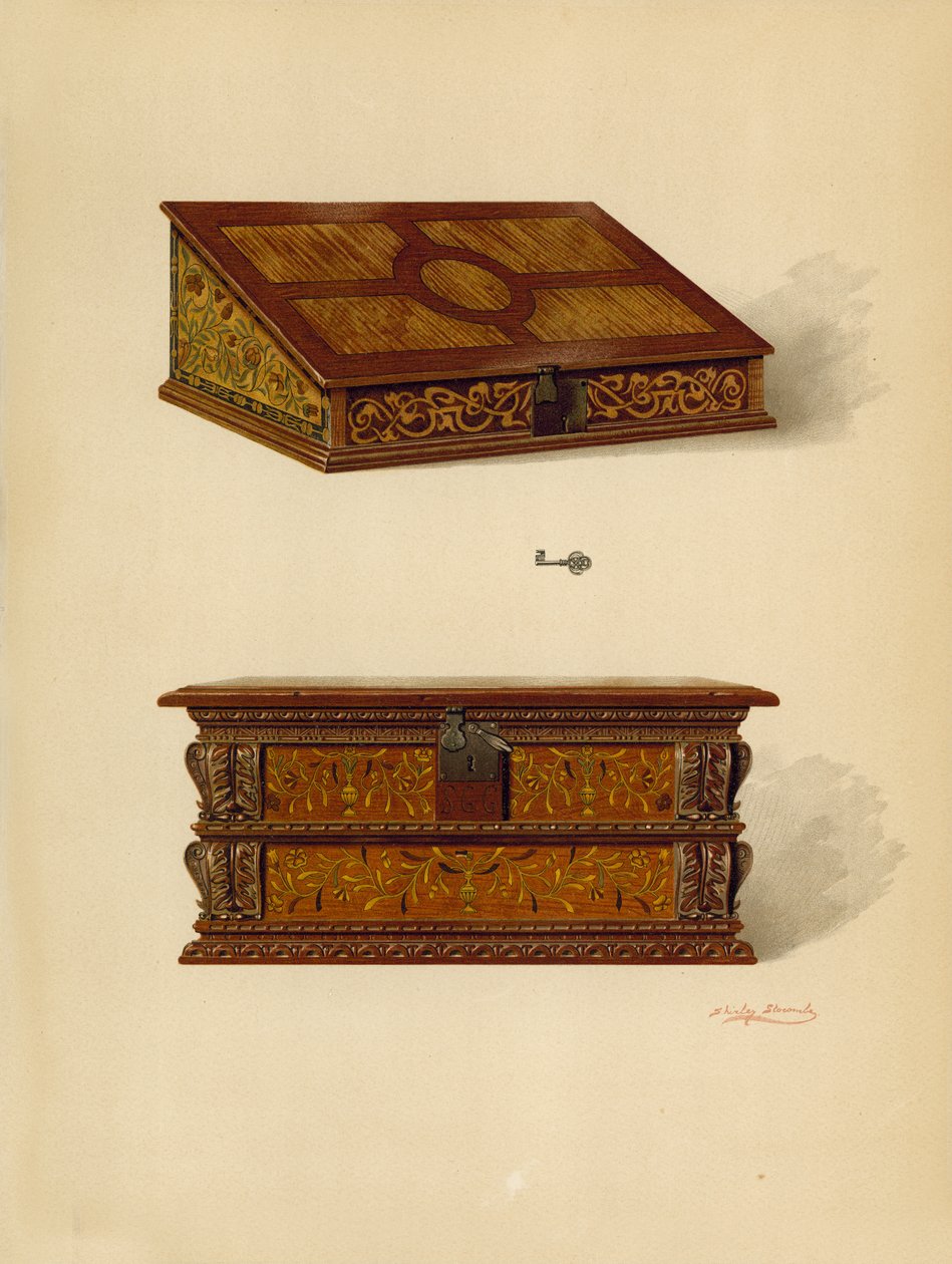 Oak Inlaid Box, egendom av Edward Quilter; Oak Inlaid Box, egendom av Edward Quilter (chromolitho) av Shirley Charles Llewellyn Slocombe