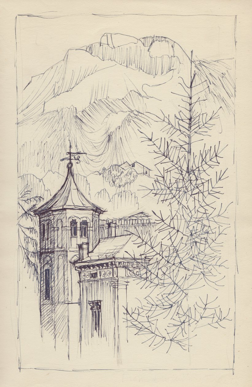 Kyrka och berg, Italien, c1950. av Shirley Markham
