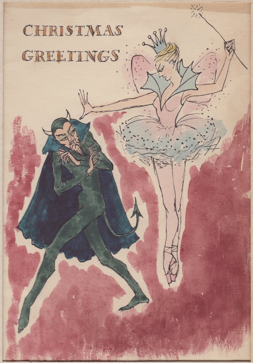 Djävul och älva, julkort, 1952. av Shirley Markham