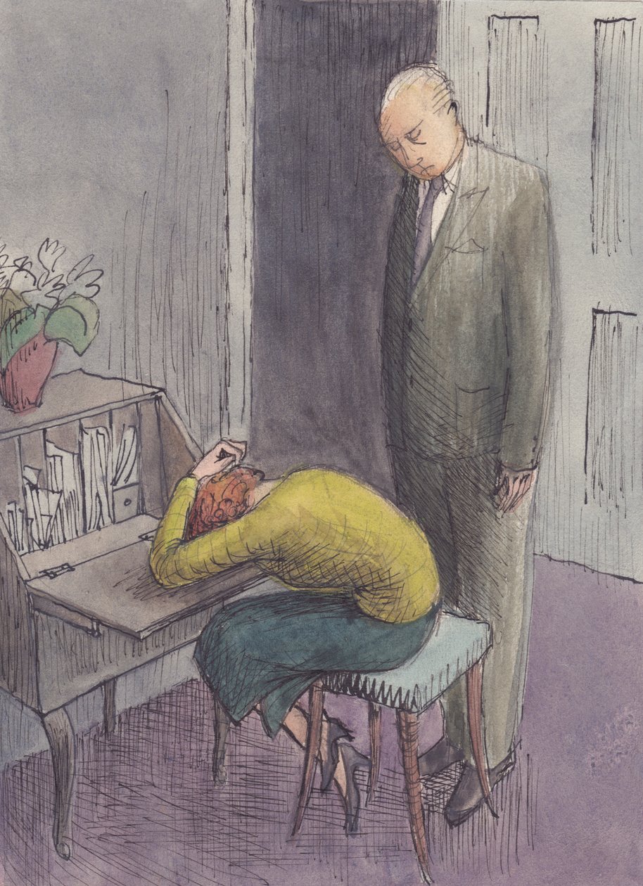 Man som står över en hukande kvinna, 1952. av Shirley Markham