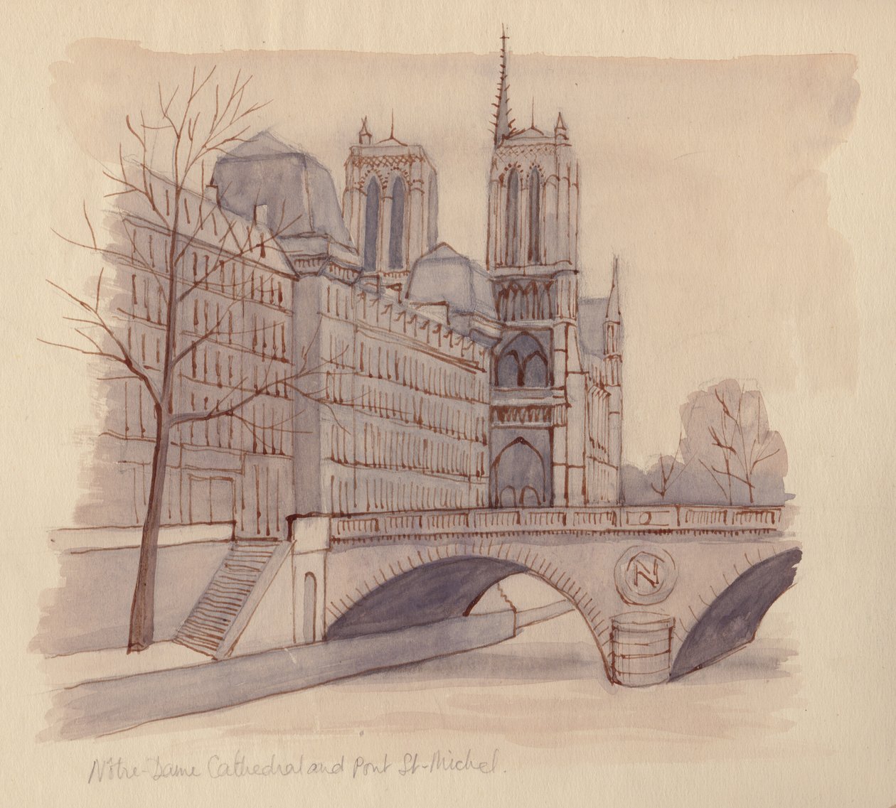 "Notre Dame-katedralen och Pont St-Michel", 1951. av Shirley Markham