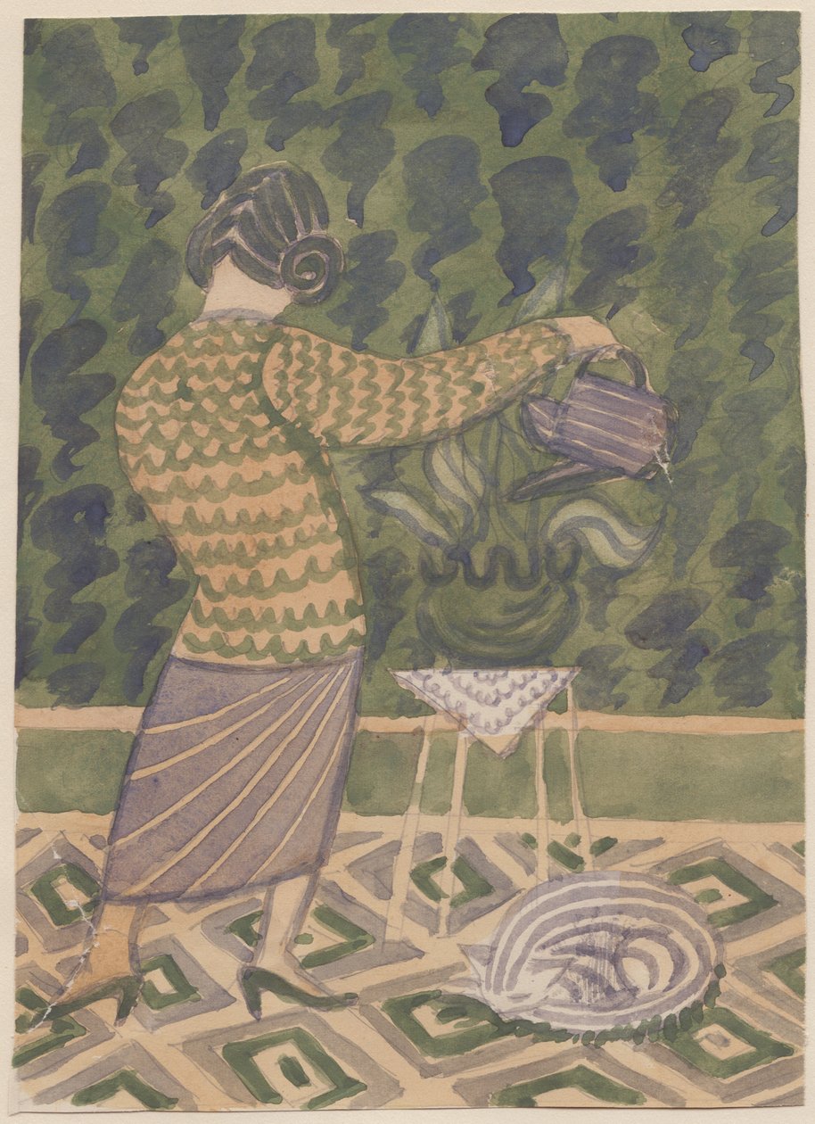 Kvinna som vattnar växter, c1951. av Shirley Markham
