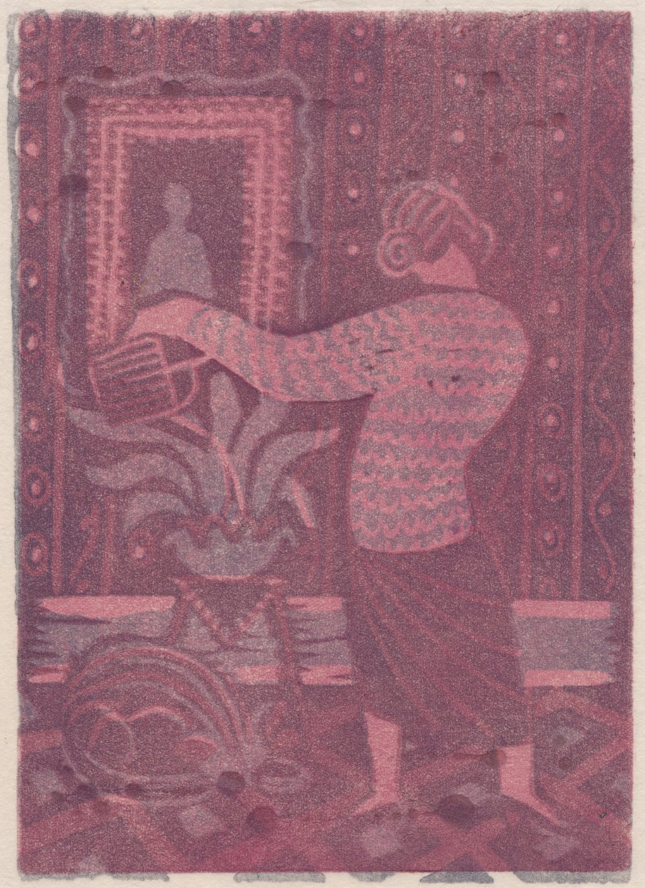 Kvinna som vattnar växter, c1951. av Shirley Markham