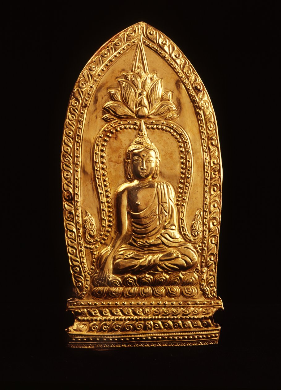 Votiv plakett föreställande Buddha som dämpar Mara (guld) av Siamese School