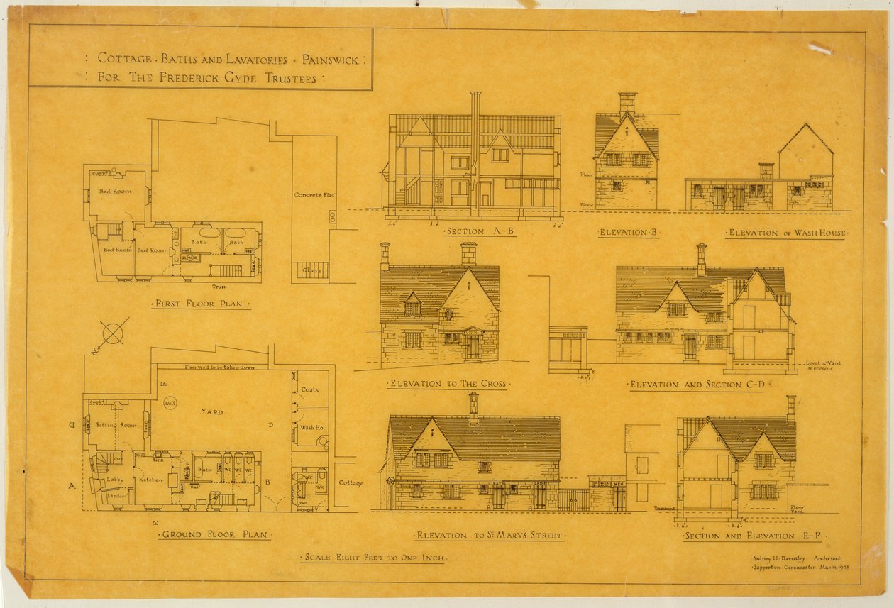 Stuga, bad och toaletter - Painswick, för Frederick Gyde Trustees, 14 mars 1923 (bläck på papper) av Sidney Barnsley