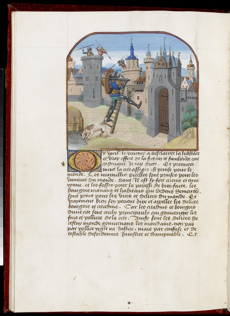 Ms.165 f.51v: Soldat med sköld och svärd som klättrar uppför en stege, från Hesdin eller Valenciennes, ca 1465-68 (pergament). av Simon Marmion
