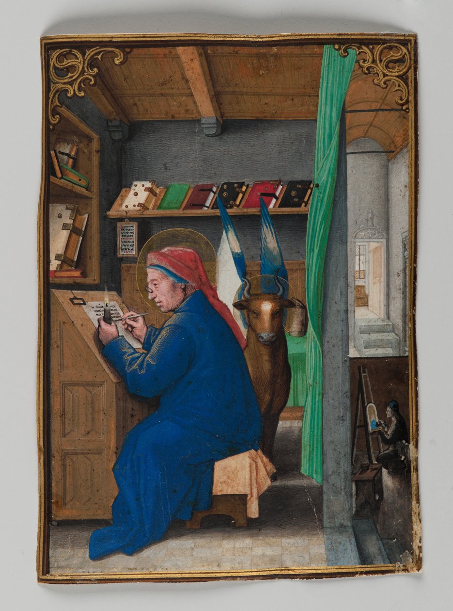 St. Luke skriver i krona, 1521 (tempera på pergament) av Simon Bening