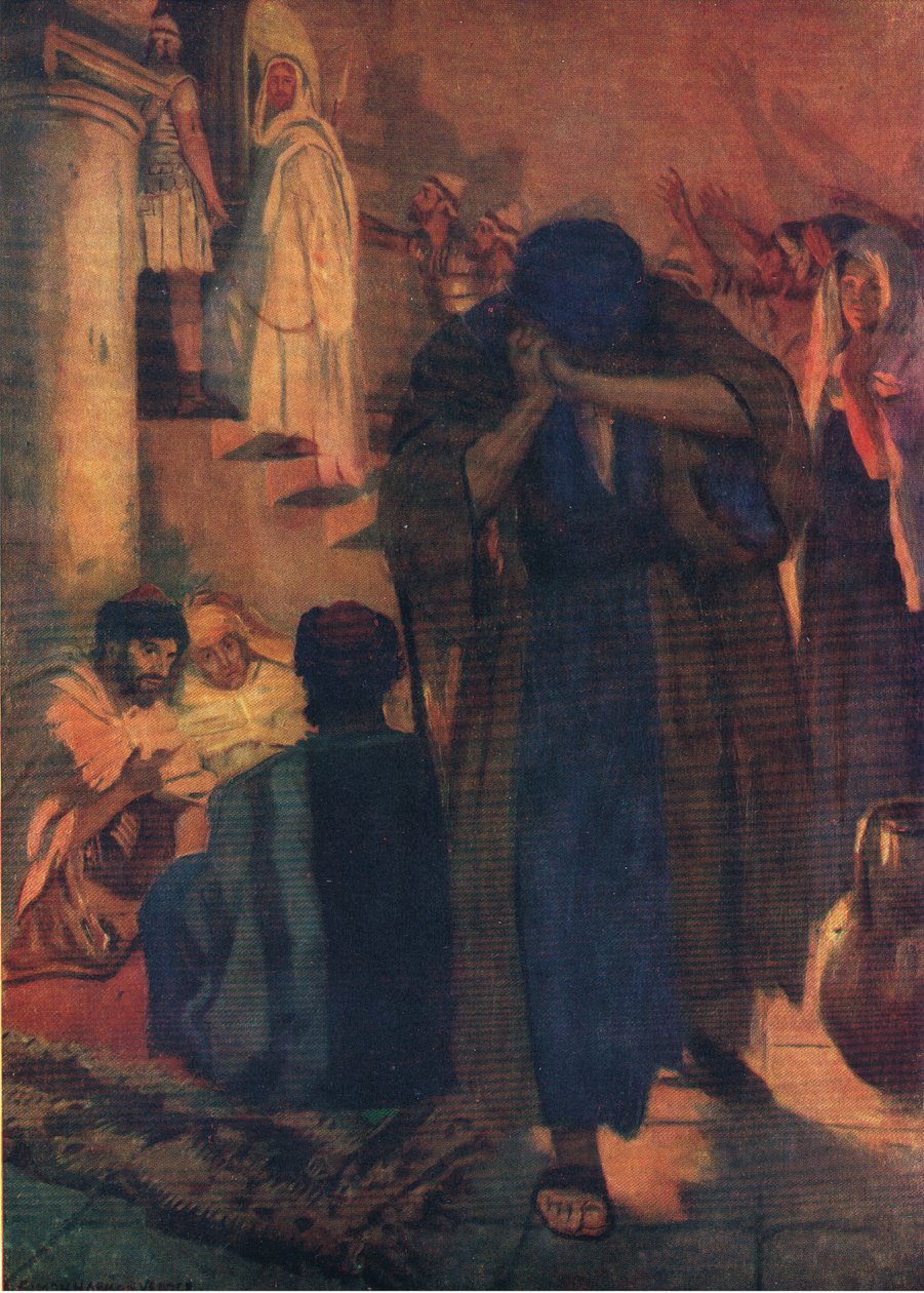 Peter förnekar sin mästare, från The Bible Picture Book utgiven av Thomas Nelson, c.1950 av Simon Harmon Vedder