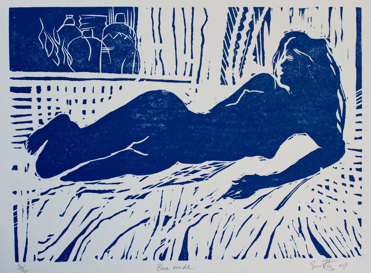 Blå naken, 2007 (träsnitt) av Simon Fletcher