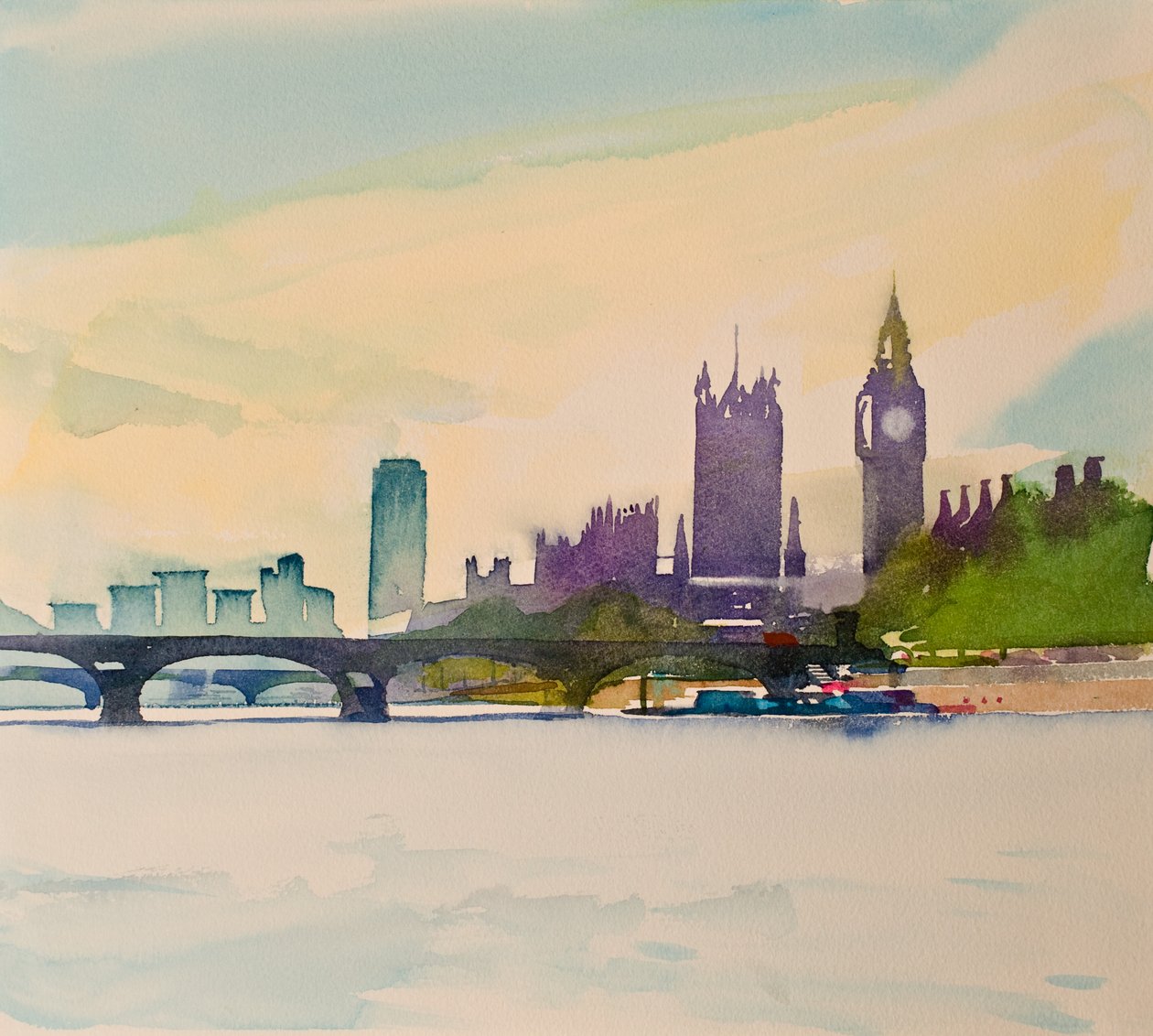 Westminster från gångbron II, 2016 (akvarell) av Simon Fletcher