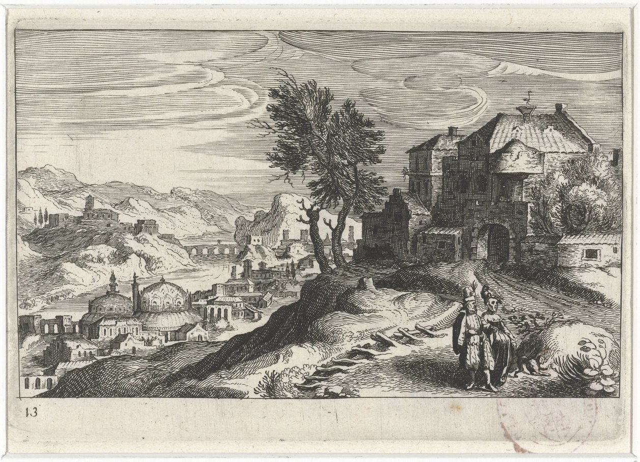 Floddal med byggnader Sydeuropeiska landskap (serietitel) Topographia variarum regionum (serietitel) av Simon Frisius