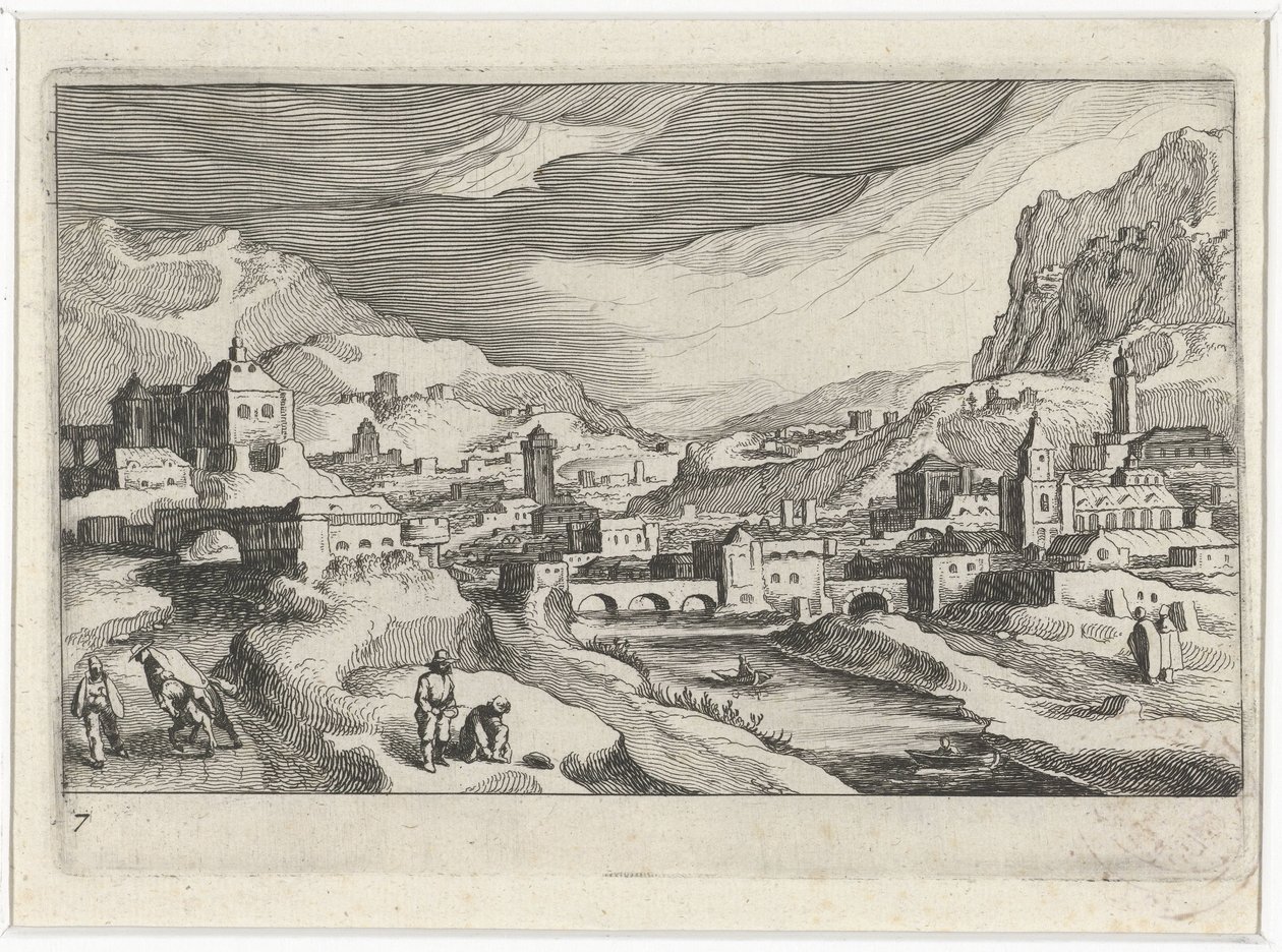 Stadsbild i en floddal Sydeuropeiska landskap (serietitel) Topographia variarum regionum (serietitel) av Simon Frisius
