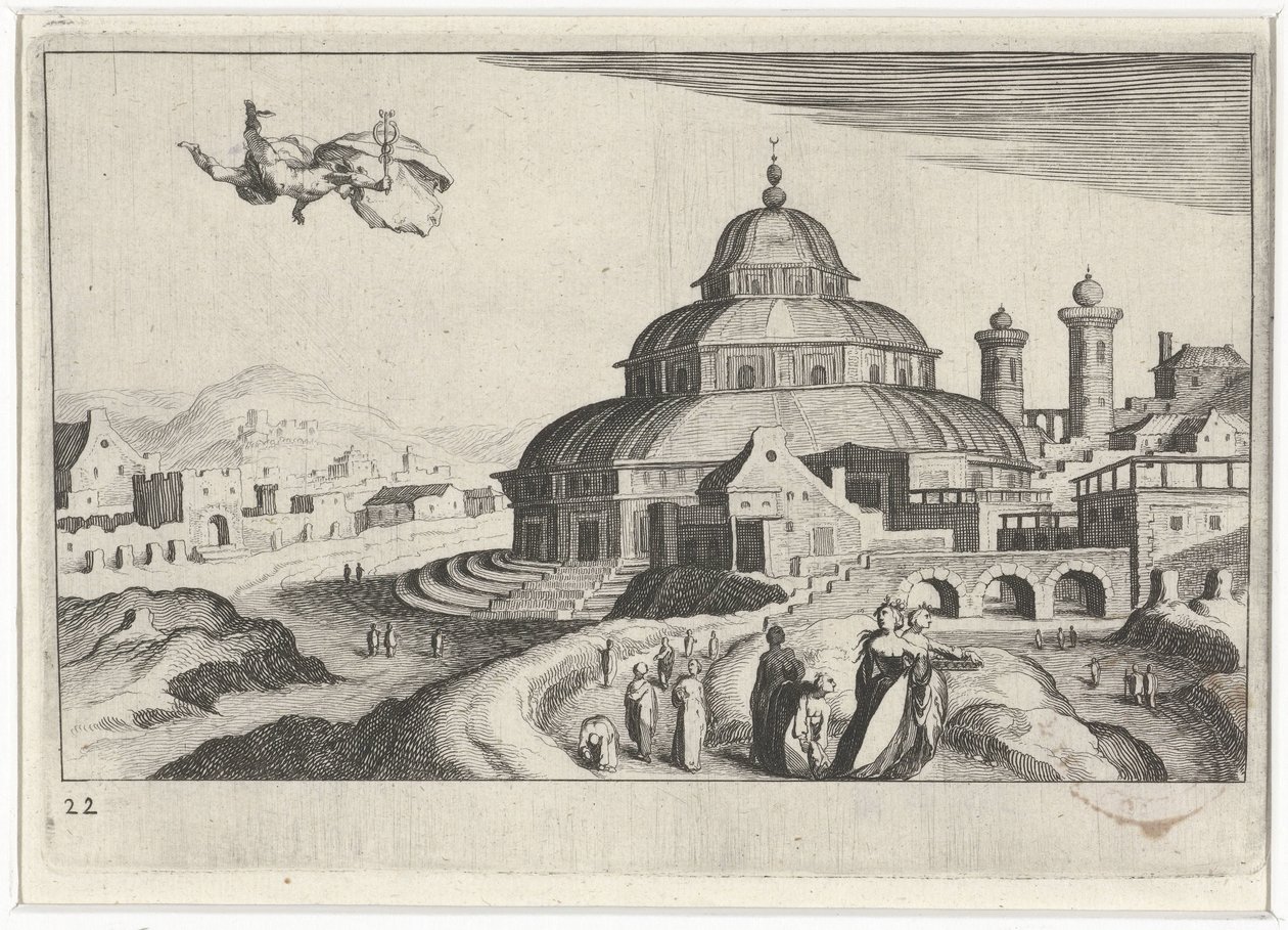 Stadsbild med Merkurius Sydeuropeiska landskap (serietitel) Topographia variarum regionum (serietitel) av Simon Frisius