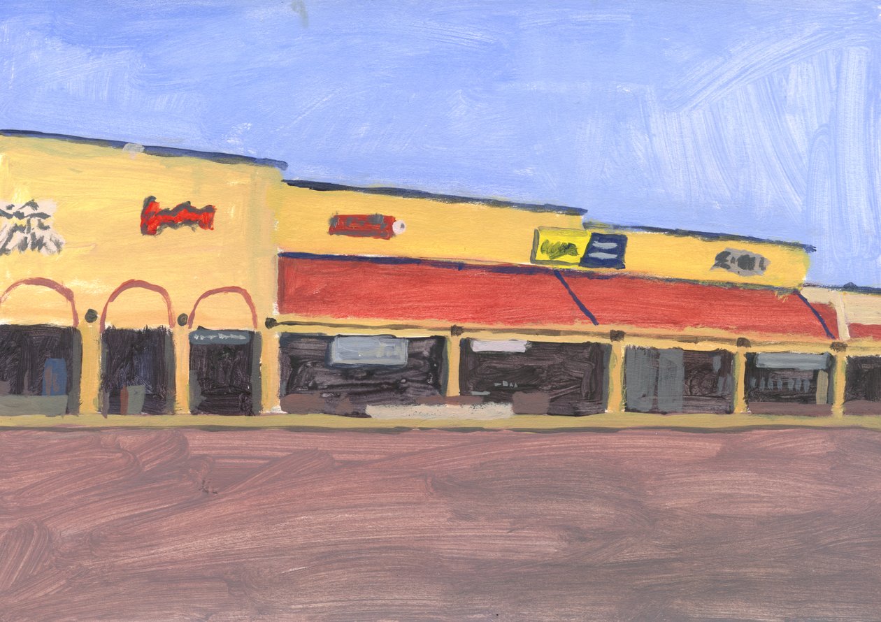 Strip mall 7, 2023 (akryl på papper) av Simon Neville