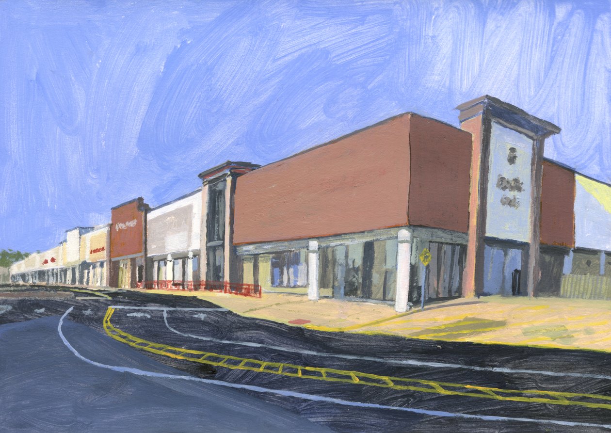 Strip mall 8, 2023 (akryl på papper) av Simon Neville