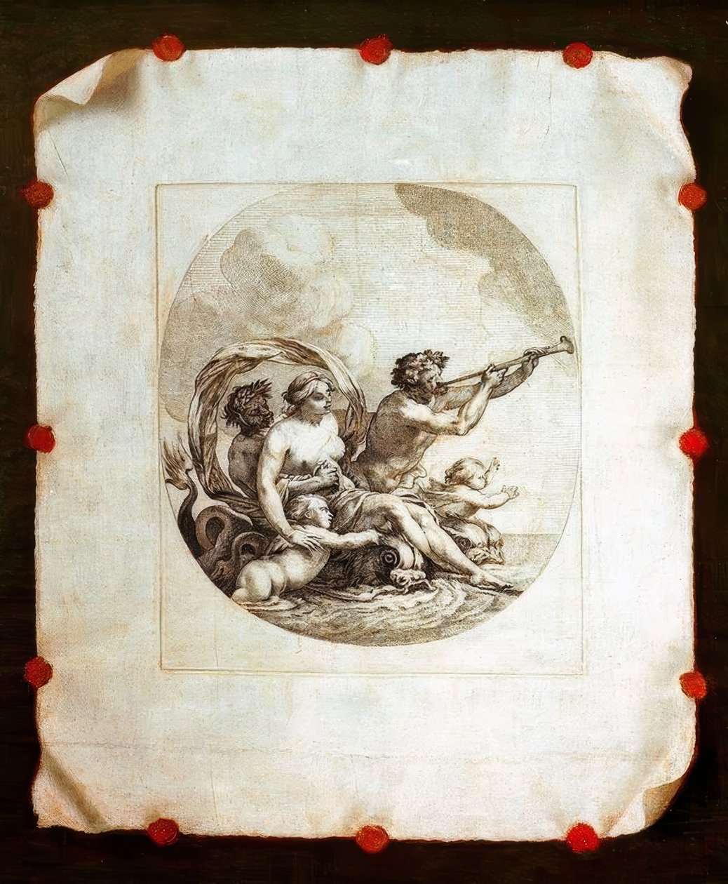 Trompe l’oeil med kopparstick av Galatea av Simon Vouet