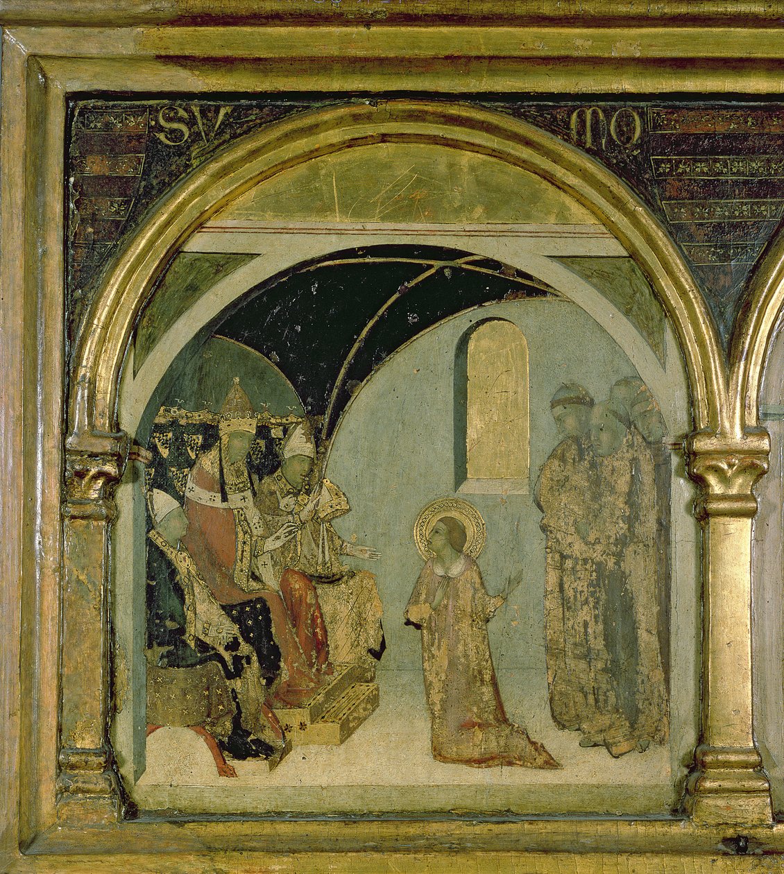 Detalj som visar S:t Ludovico före påven Bonifatius VIII från St. Ludovicos predella av Simone Martini