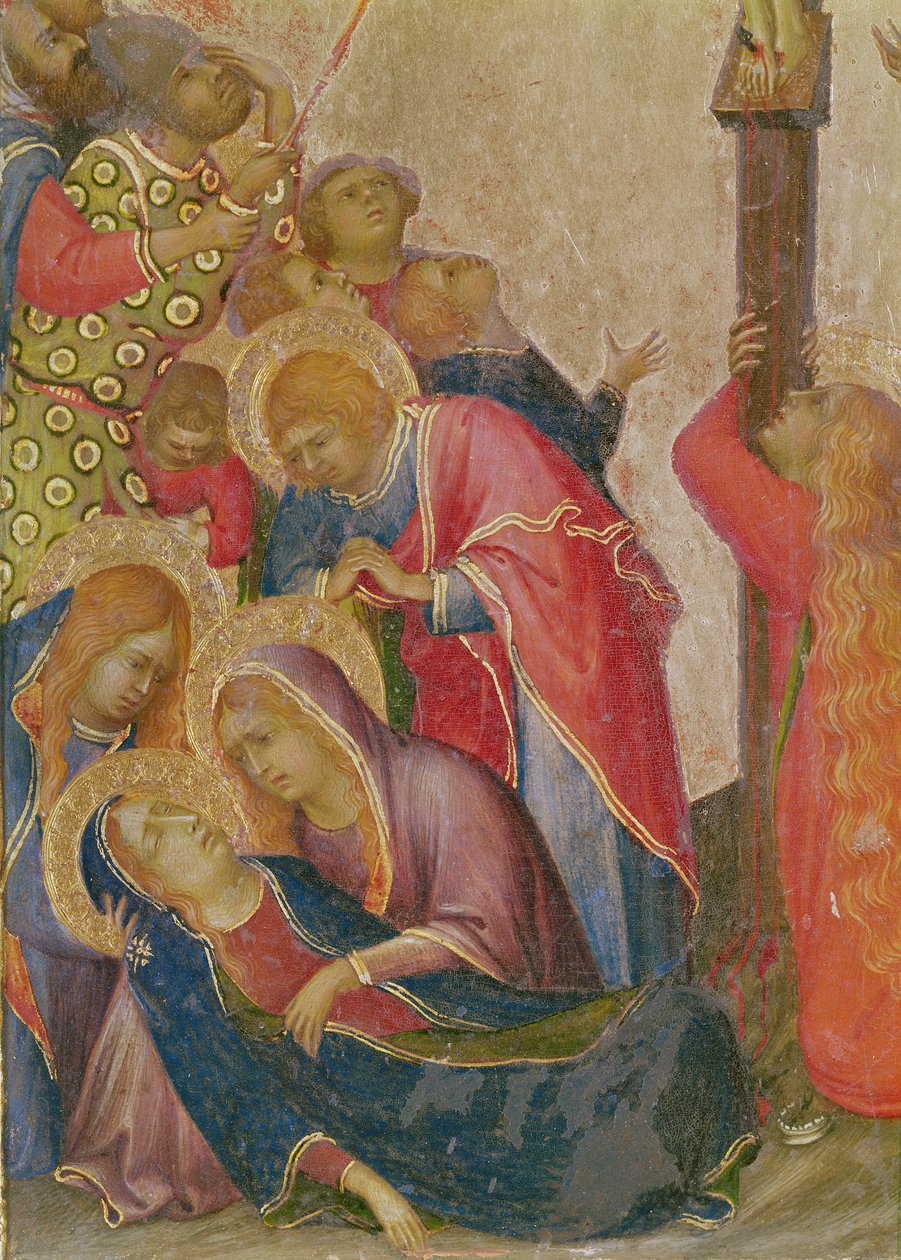 The Strike of the Lance-detalj av gruppen kring Virgin-tempera på panel av Simone Martini