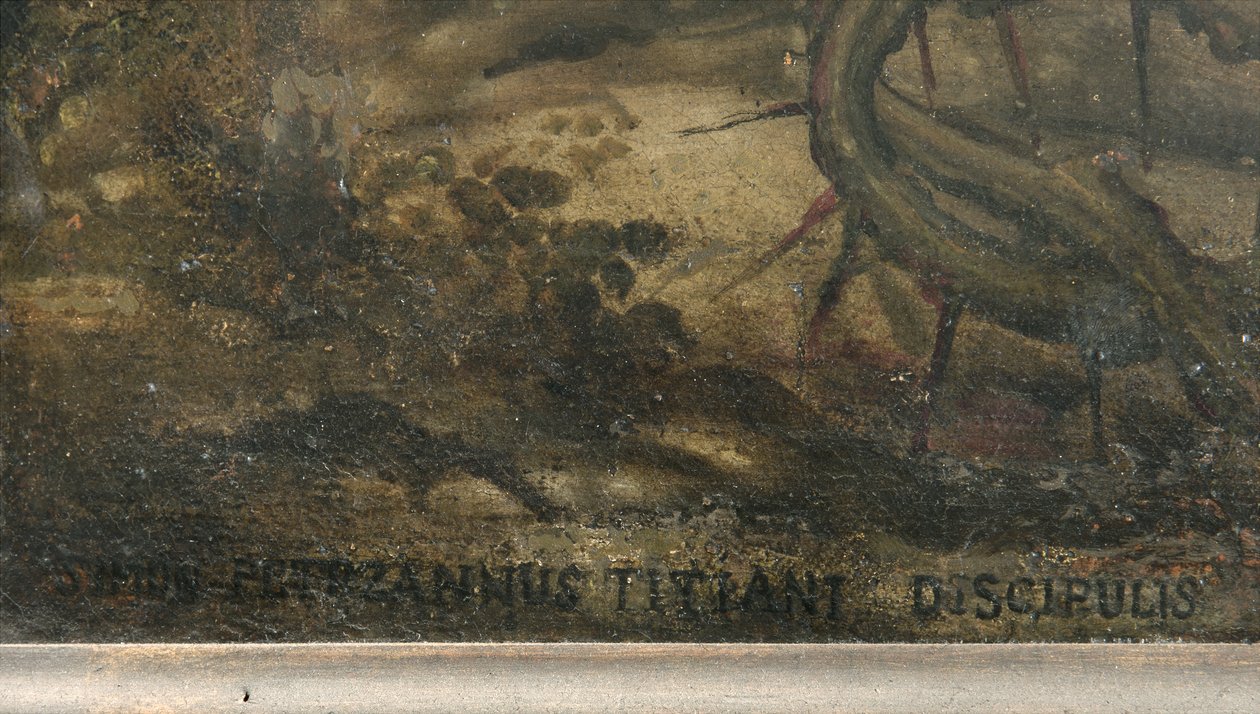 Konstnärens signatur, detalj i The Lamentation of Christ (detalj av 3704260) av Simone Veneziano Peterzano