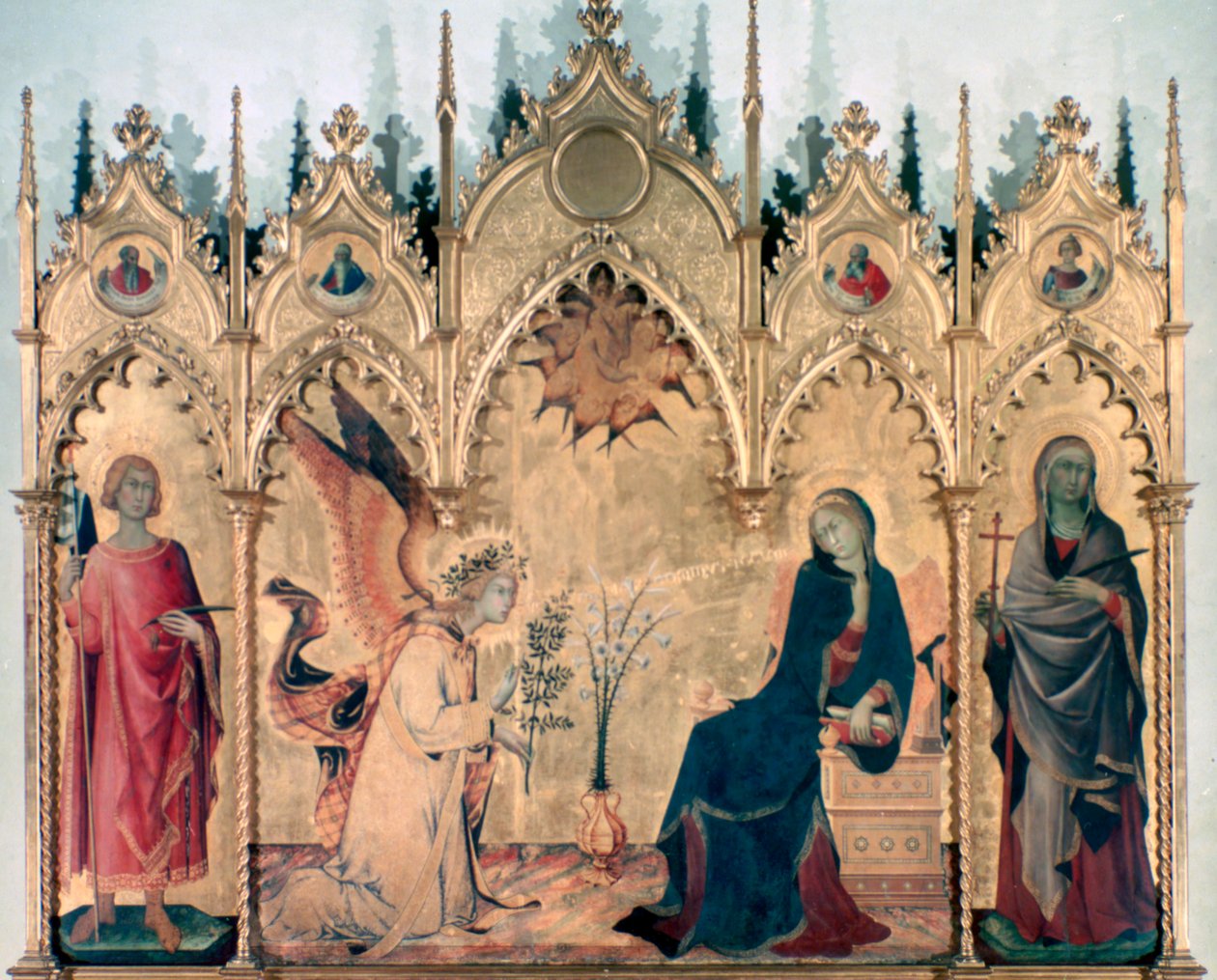 Bebådelsen och två heliga, 1333 av Simone Martini
