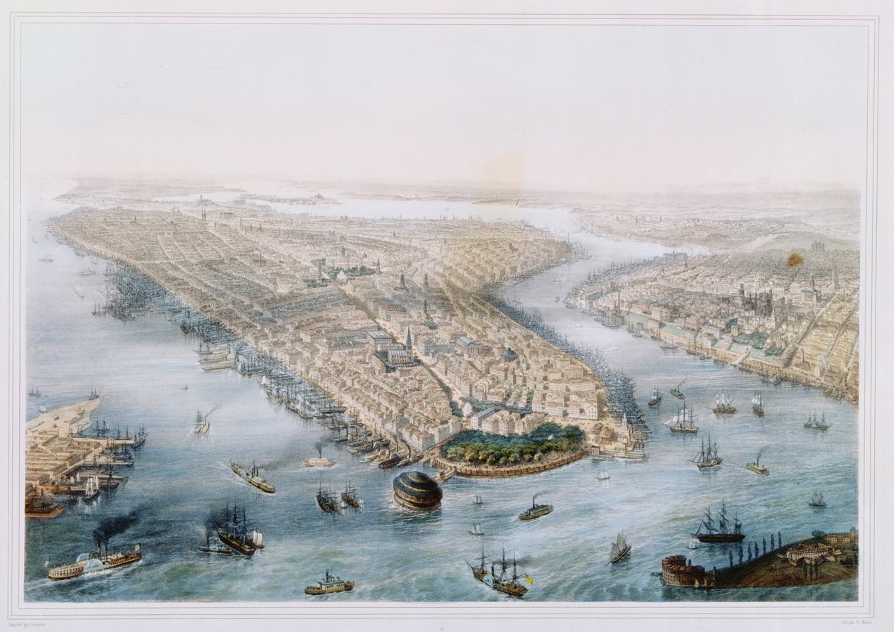 Flygfoto över New York och Brooklyn, graverad av T.H. Muller, utgiven av L. Turgis, Paris, c.1850 av Simpson